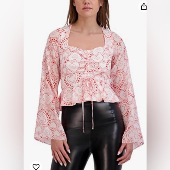 BCBGeneration peplum bell long sleeve sweetheart sheer white red valentines top - Picture 2 of 12